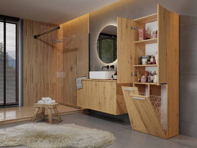 A fürdőszobai szekrény két mosókosárral, 60 cm széles Neli artisan tölgy színben