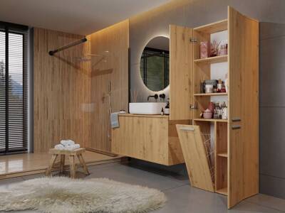 Az úgynevezett fürdőszobai szekrény mosókosárral, 60 cm szélességű Neli Artisan tölgy színben.